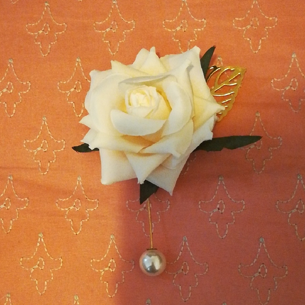 Elegant Cream Rose Brooch with Gold Leaf Accent